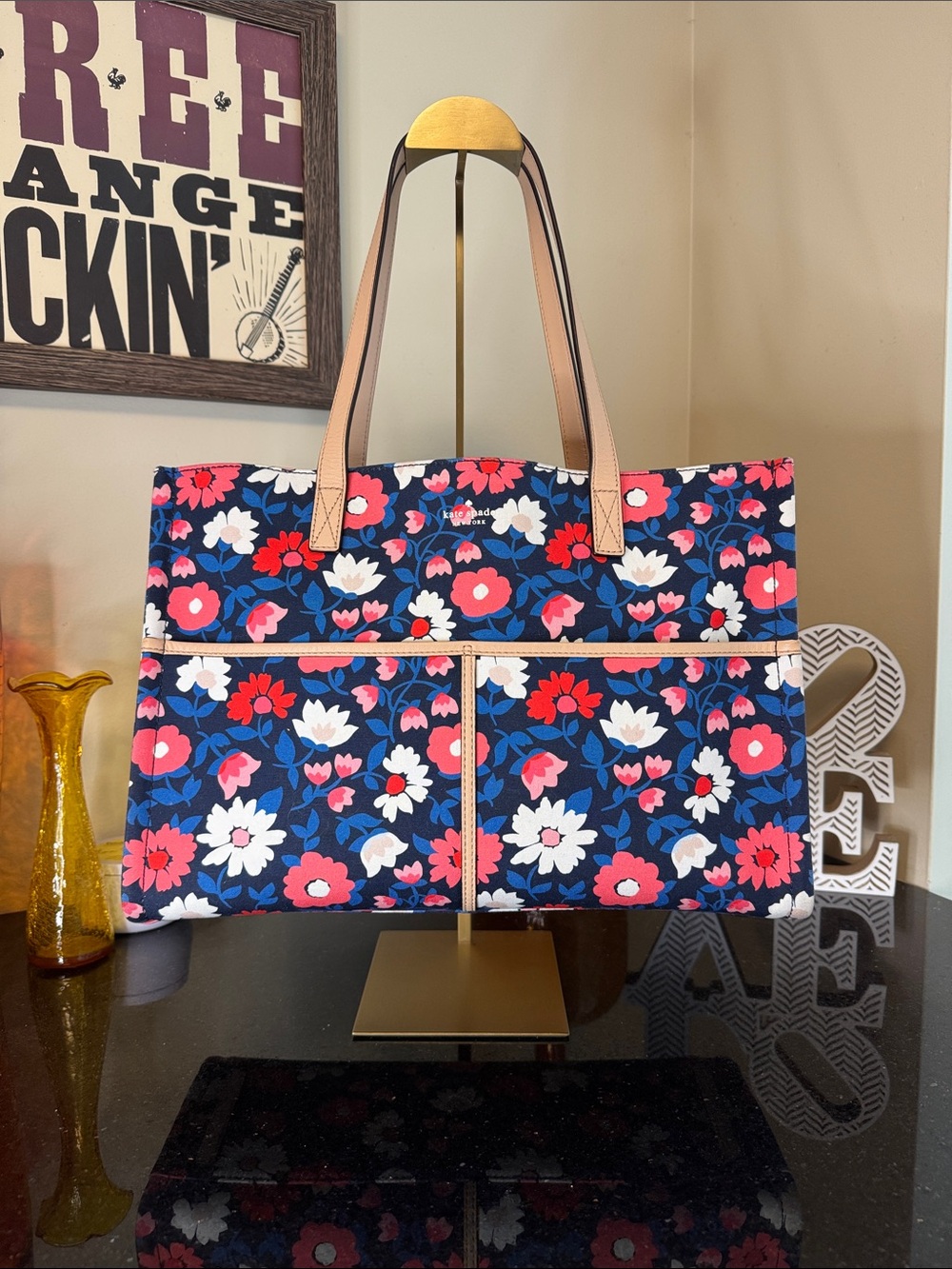 kate spade Navy Floral Tote with Pink, White & Blue Flowers